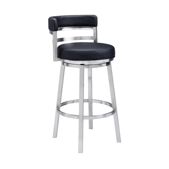 39" Faux Leather Swivel Low Back Bar Height Bar Chair - Black / Silver