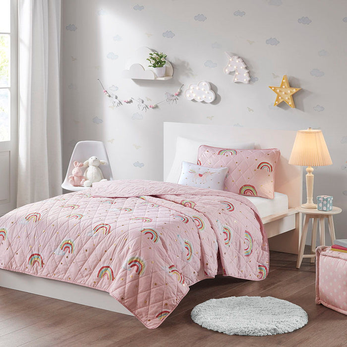 Alicia - Rainbow With Metallic Printed Stars Reversible Coverlet Set - Pink