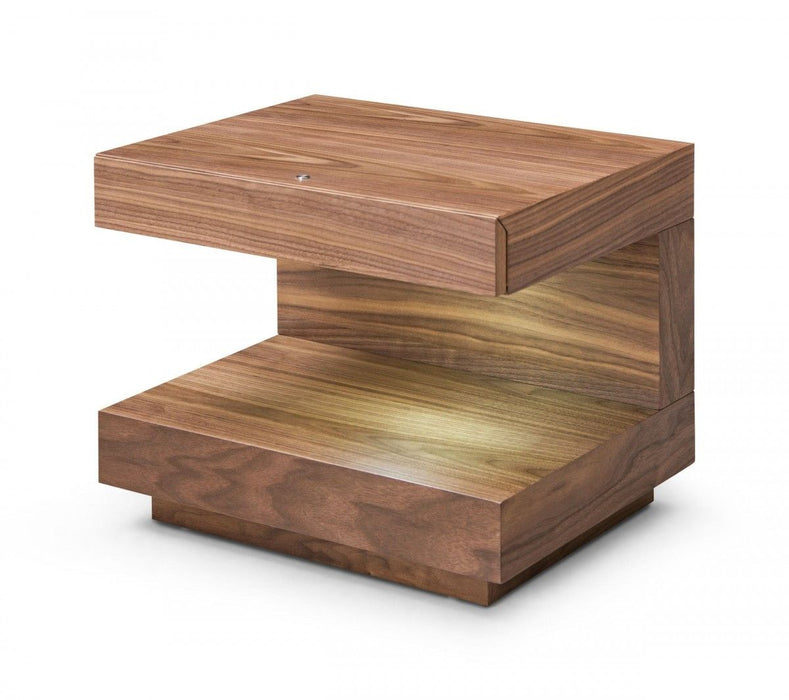 Contemporary Led Lit Walnut Nightstand With One Drawer - Light Brown