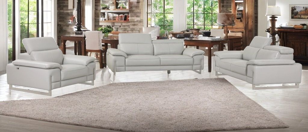 Three Piece Indoor Italian Leather Six Person Seating Set - Light Gray