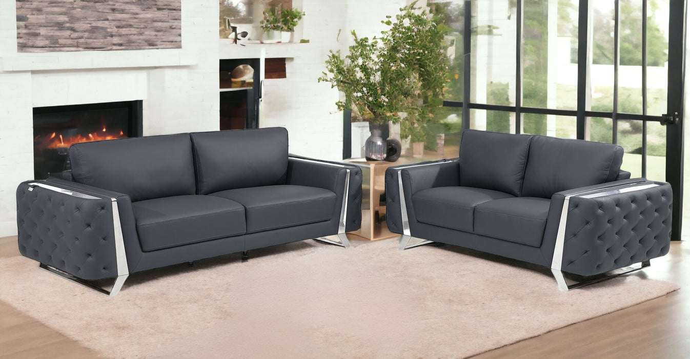 2 Piece Italian Leather Indoor Seating Set Five Person - Dark Gray