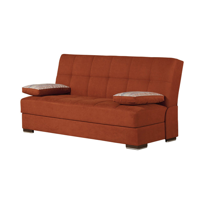 Chenille Sleeper Sofa And Toss Pillows With Brown Legs - Red