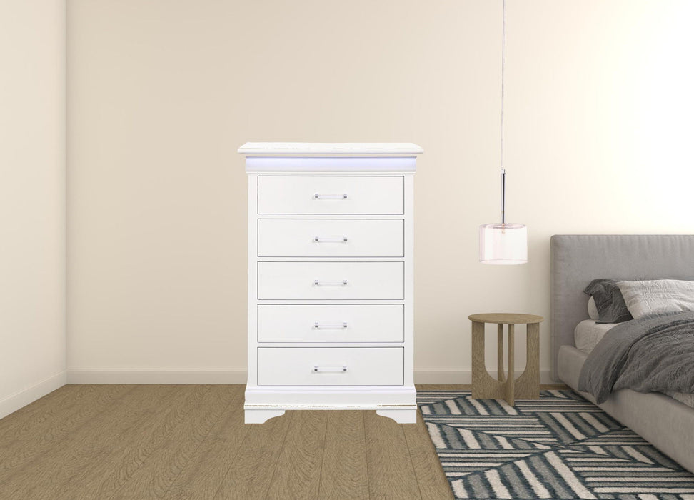 Solid Wood Five Drawer Chest With Led Lighting - White