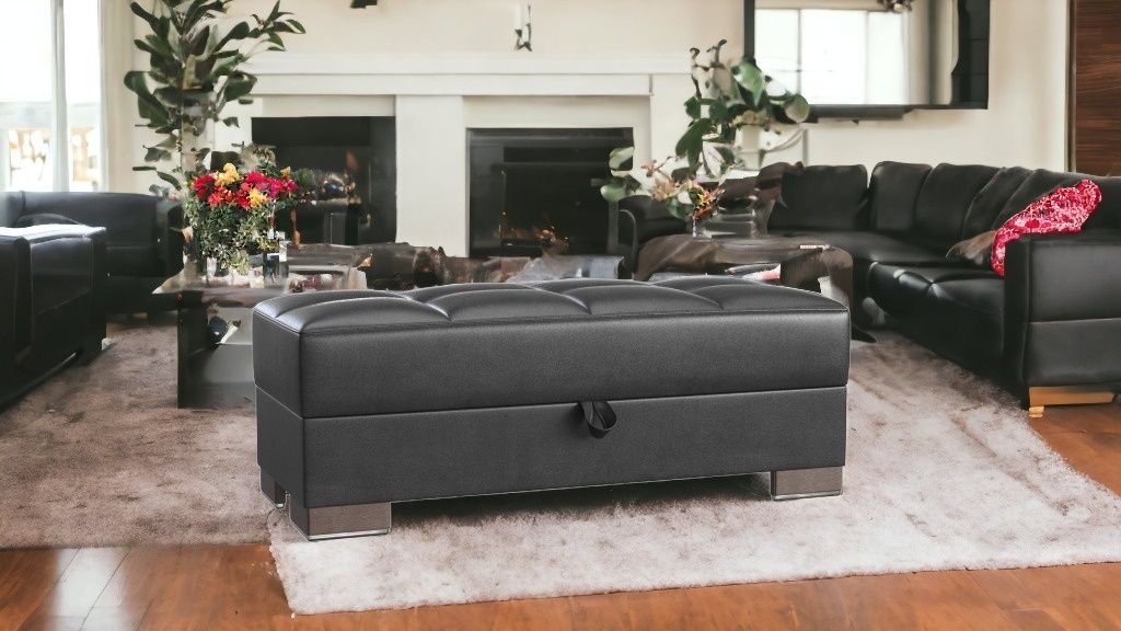 Faux Leather Tufted Storage Ottoman - Black / Brown