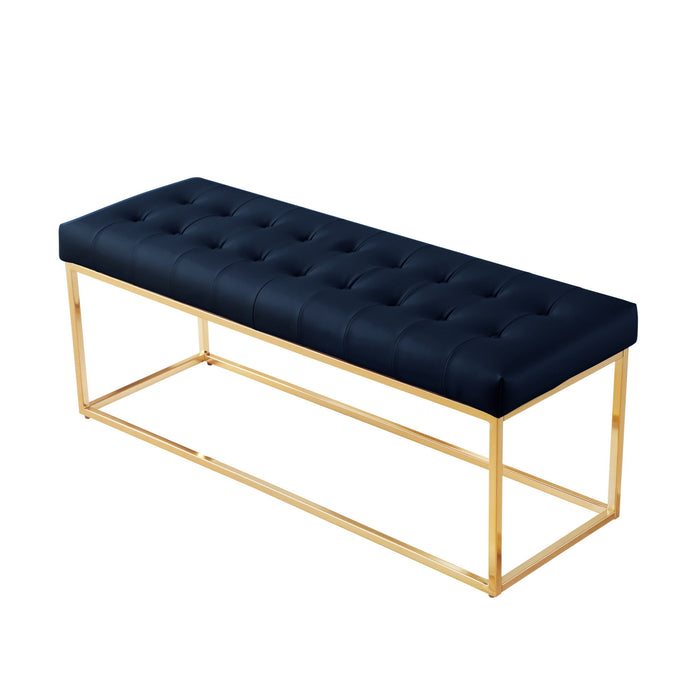 Upholstered Faux Leather Bench - Navy Blue / Gold