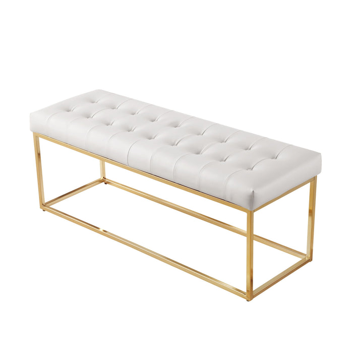 Upholstered Faux Leather Bench - White / Gold