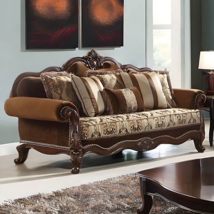 Velvet Floral Sofa And Toss Pillows With Espresso Legs - Oak