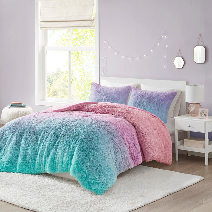 Primrose - Ombre Shaggy Faux Fur Comforter Set - Purple Multi