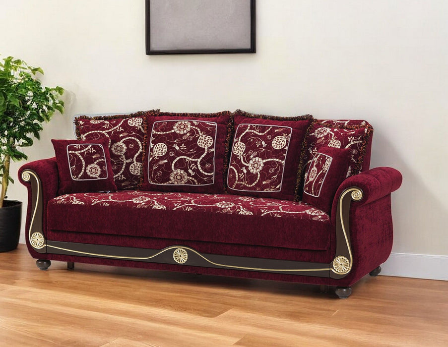 Chenille Paisley Sleeper Sofa And Toss Pillows - Burgundy