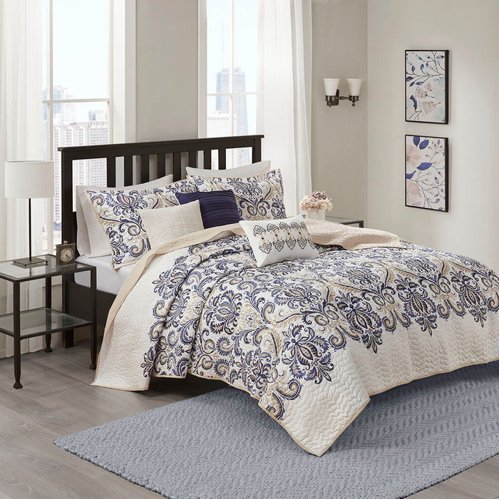 Cali - 6 Piece Reversible Coverlet Set - Blue