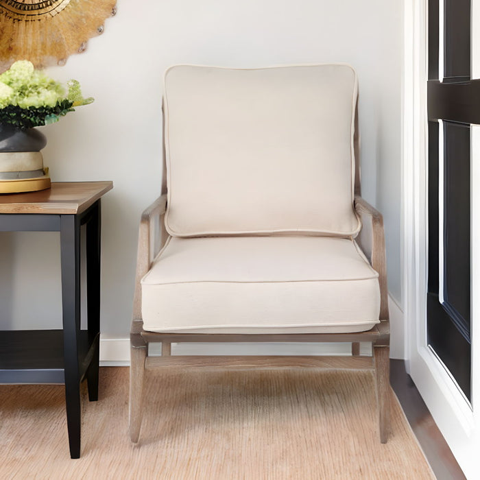 Wood Fabric Arm Chair - Ivory / Brown