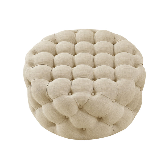 Linen Rolling Tufted Round Cocktail Ottoman - Beige