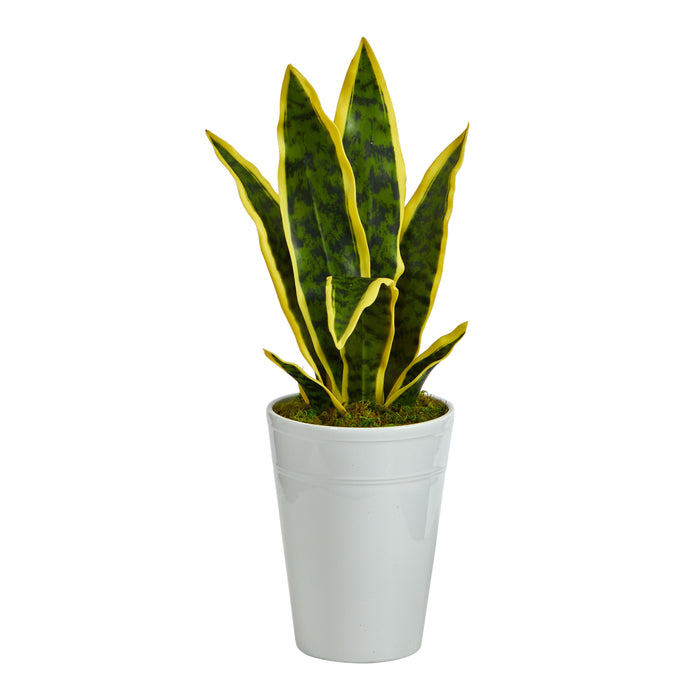 18" Sansevieria Artificial Plant in White Planter