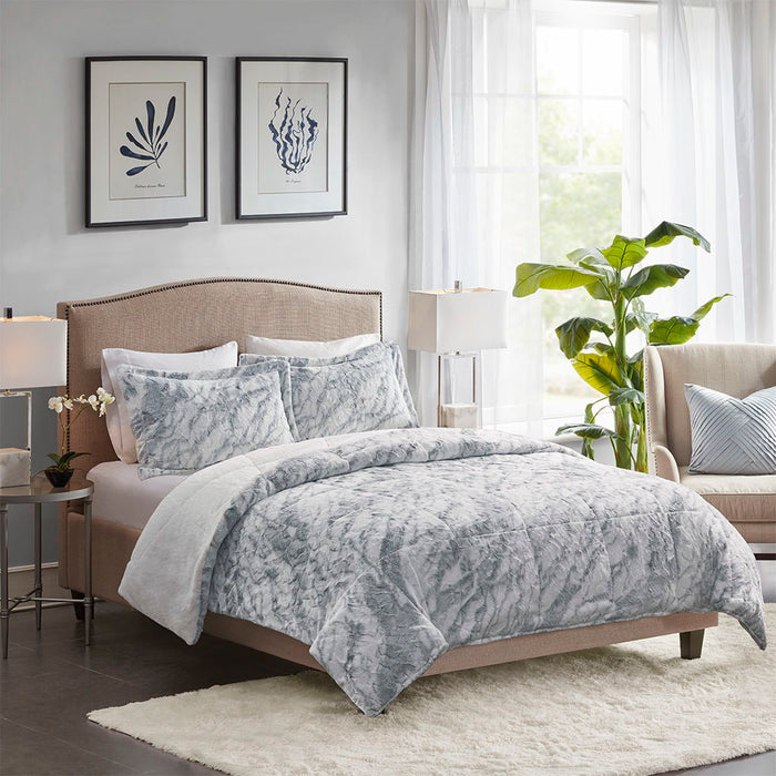 Lana - King Marble Comforter Set - Gray / Blue