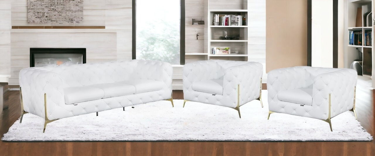 Three Piece Indoor Italian Leather Five Person Seating Set - White