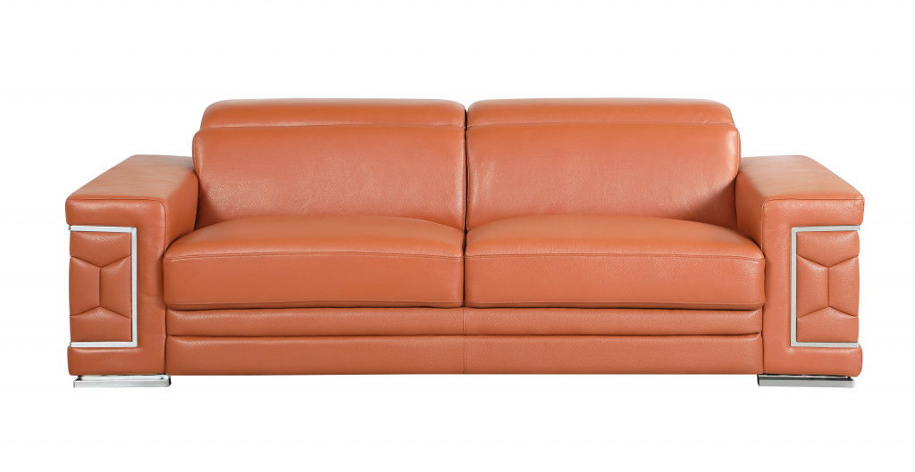 Italian Leather Sofa & Silver Legs - Camel