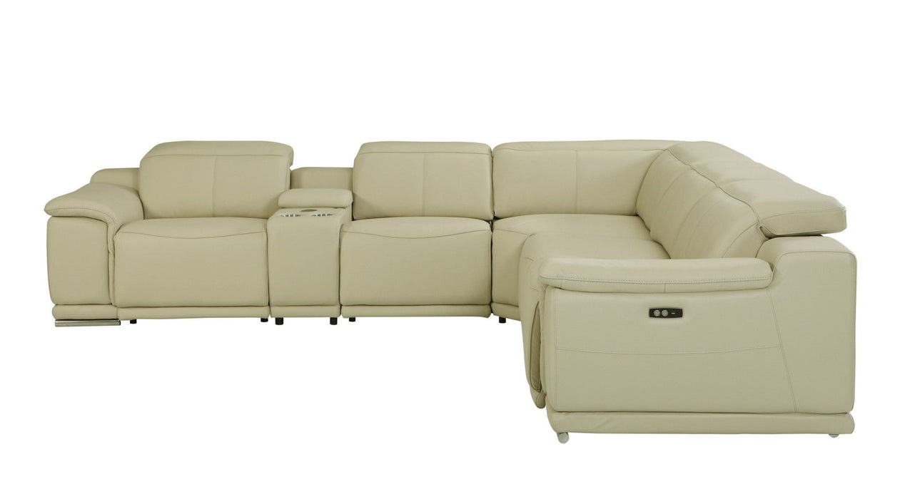 Italian Leather Power Reclining U Shaped Six Piece Corner Sectional With Console - Beige