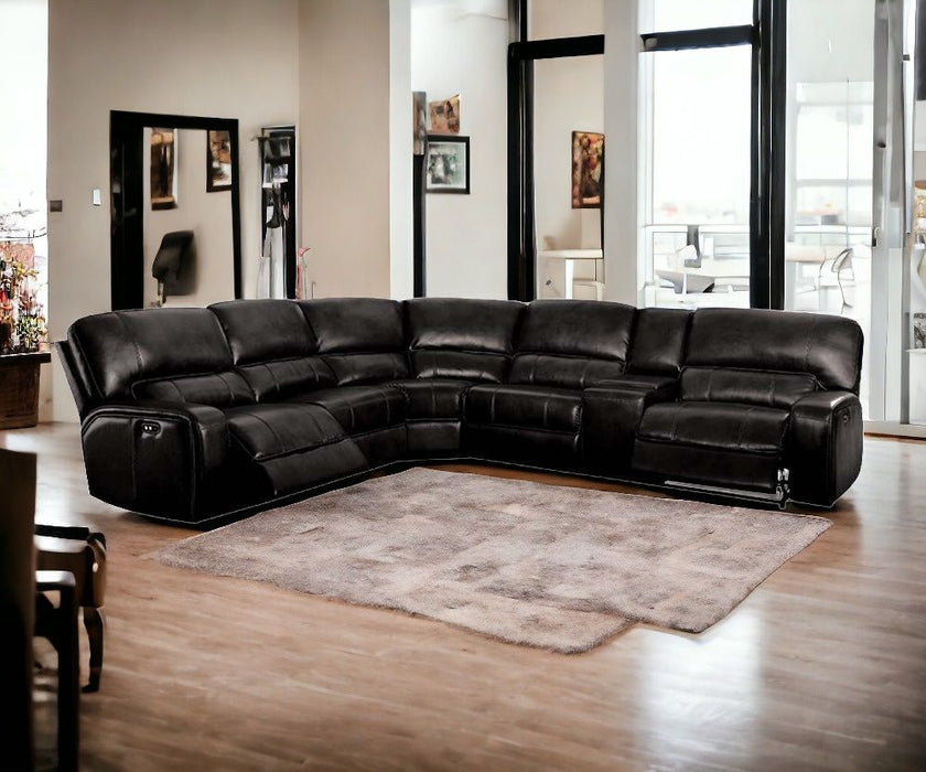 Faux Leather Power Reclining L Shaped Six Piece Corner Sectional With Console - Black