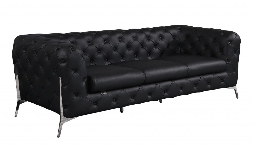 Italian Leather Sofa Silver Legs - Black