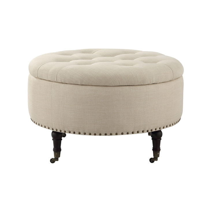 Linen Rolling Tufted Round Storage - Beige / Brown