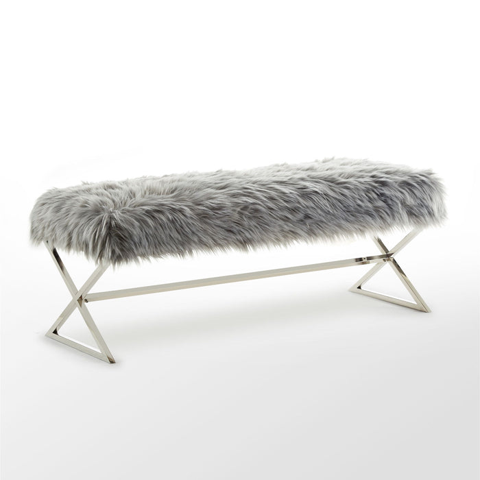 Upholstered Faux Fur Bench - Silver / Gray