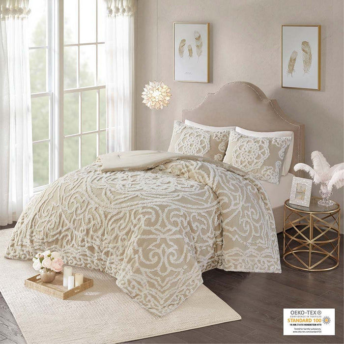 Laetitia - King Tufted Medallion Comforter Set - Taupe