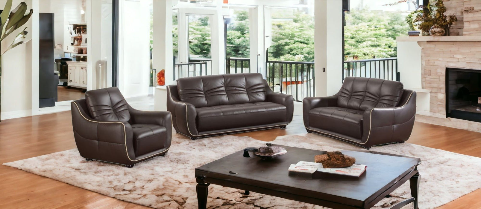 Three Piece Genuine Leather Six Person Seating Set Indoor - Brown