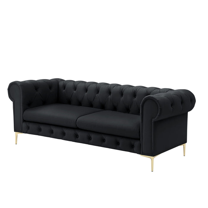 Faux Leather Chesterfield Sofa With Gold Legs - Black