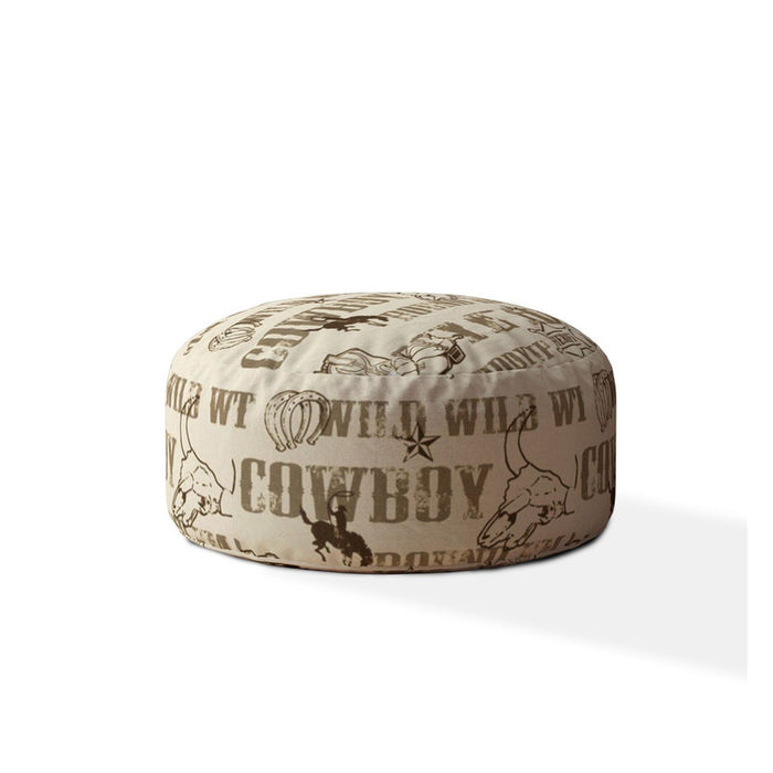 Cotton Round Animal Print Pouf Ottoman - Brown