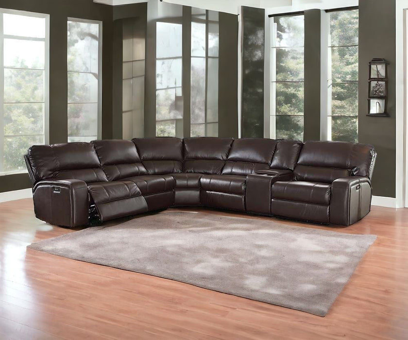 Faux Leather Power Reclining L Shaped Six Piece Corner Sectional With Console - Espresso