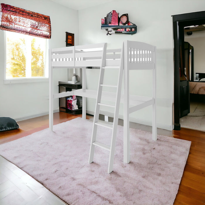 Solid Wood Twin Size Loft Bed with Desk and Storage - White