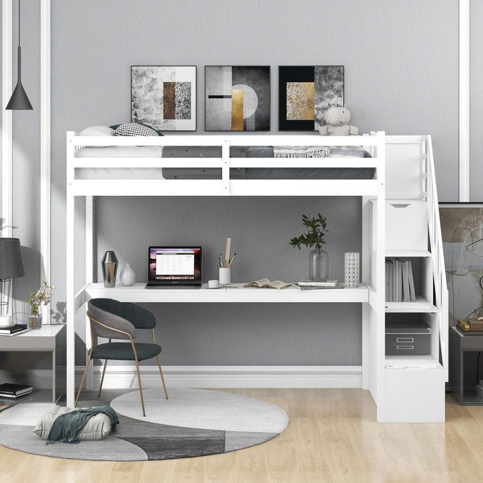 Twin Size Loft Bed with Built In Desk and Stairway - White