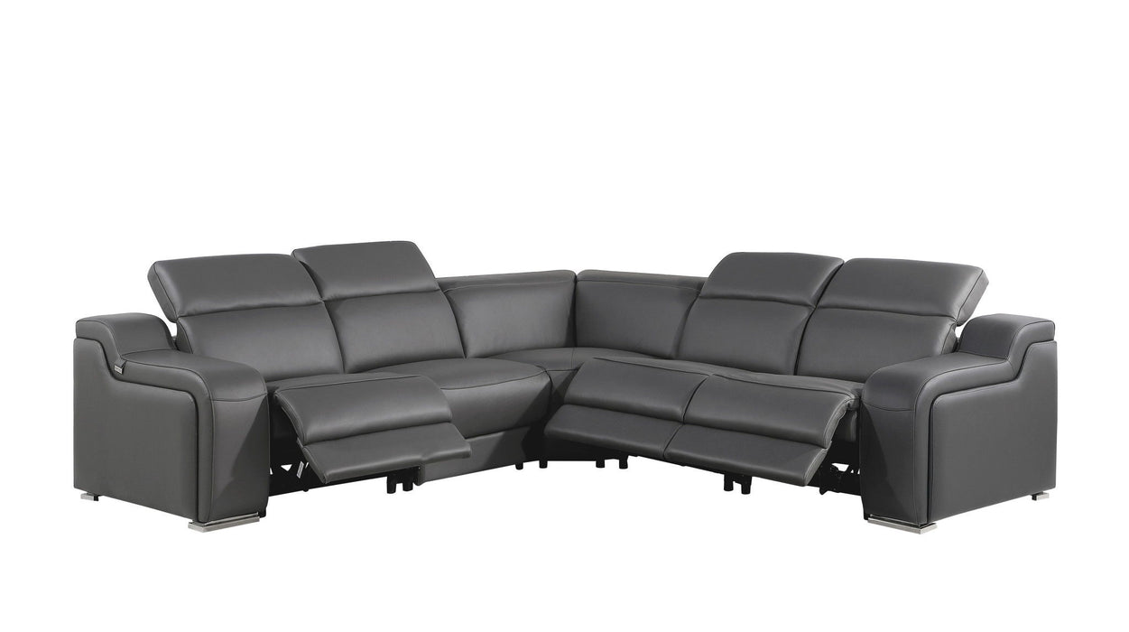 Italian Leather Power Reclining L Shaped Five Piece Corner Sectional - Dark Gray