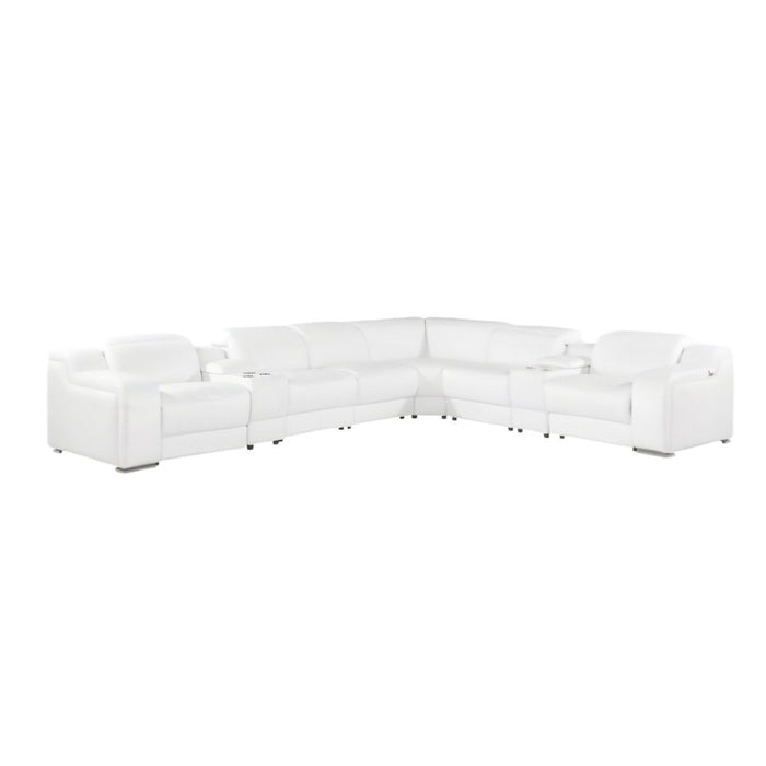 Italian Leather Power Reclining L Shaped Eight Piece Corner Sectional With Console - White