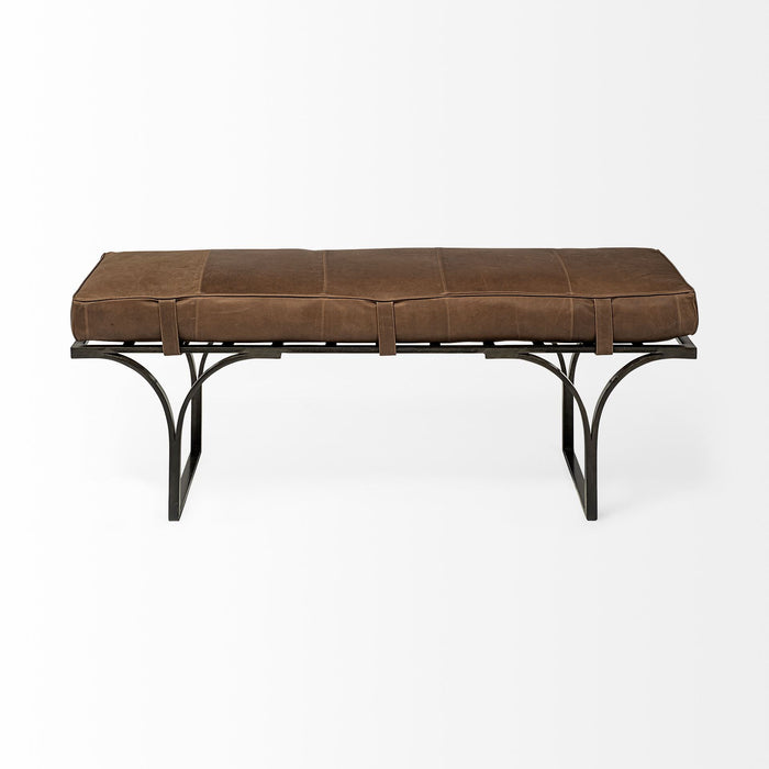 Upholstered Genuine Leather Bench - Brown / Black