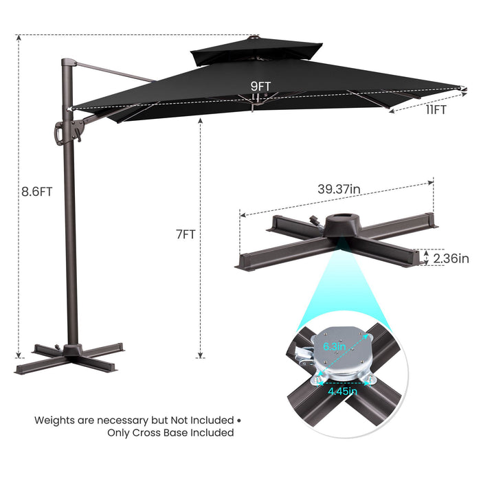 Round Polyester Tilt Cantilever, Patio Umbrella With Stand - Black