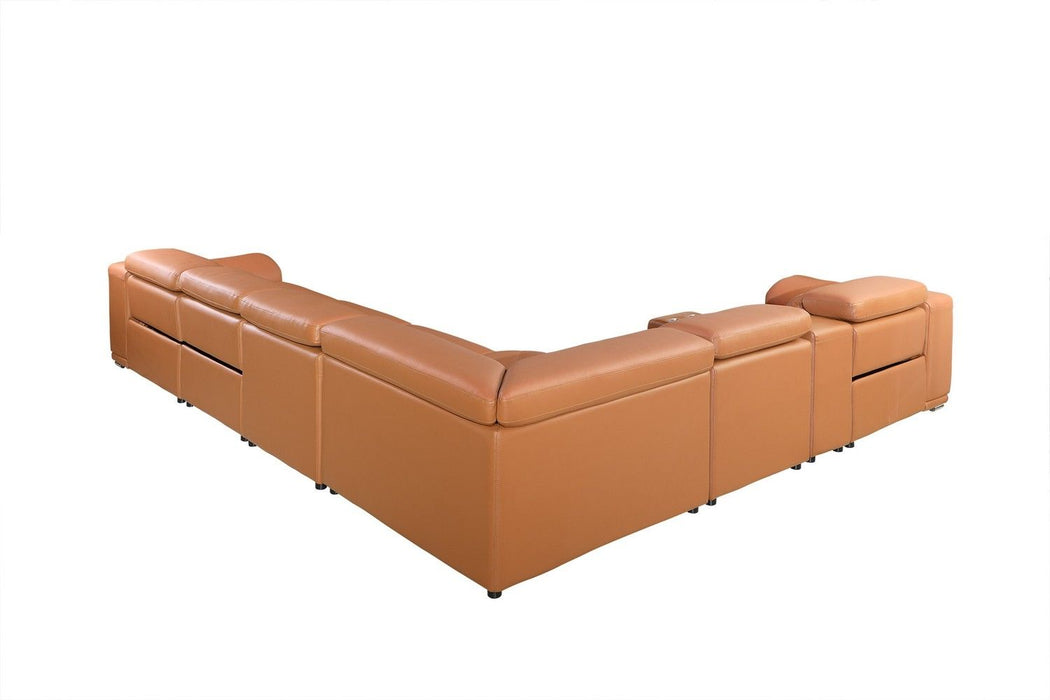 Italian Leather Power Reclining U Shaped Eight Piece Corner Sectional With Console - Camel