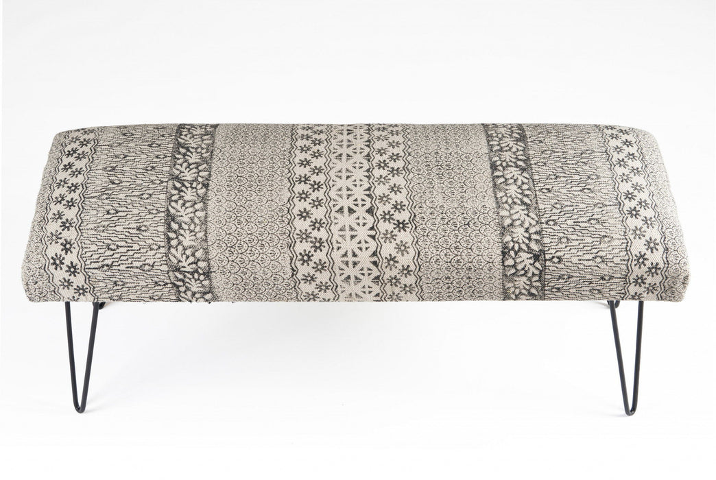 Leg Abstract Floral Upholstered Bench - Charcoal Gray / White Black