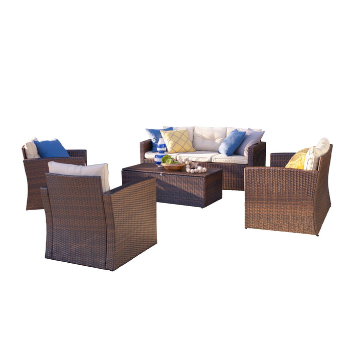 Five Piece Outdoor Wicker Sofa Seating Group With Beige Cushions - Dark Brown