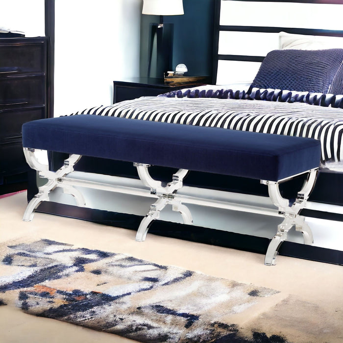 Velvet Upholstered Bench - Navy Blue / Clear