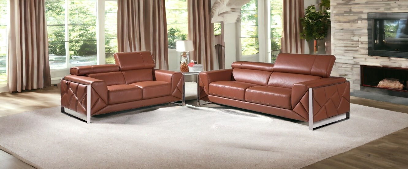 2 Piece Five Person Italian Leather Indoor Seating Set - Camel