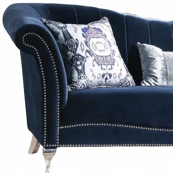 Velvet Curved Settee And Toss Pillows With Silver Legs - Blue