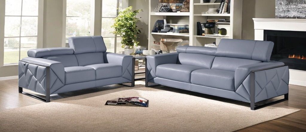 2 Piece Indoor Italian Leather Five Person Seating Set - Light Blue