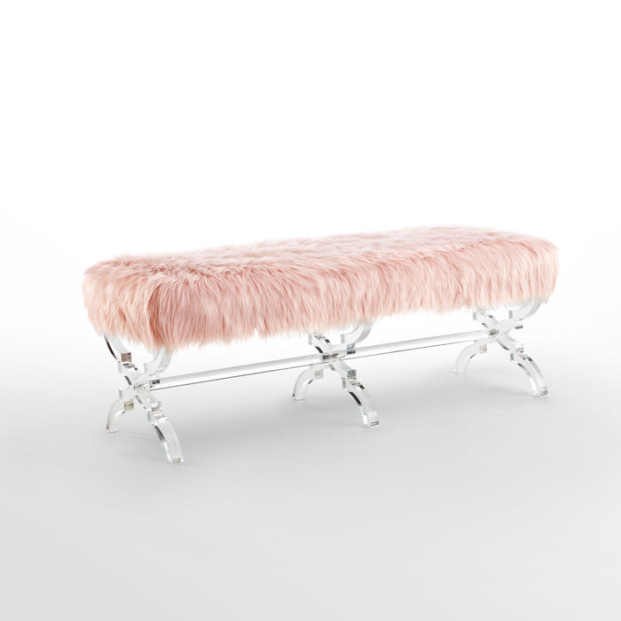 Upholstered Faux Fur Bench - Rose / Clear