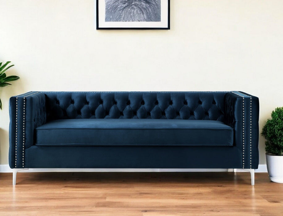 Velvet Sofa With Silver Legs - Navy Blue