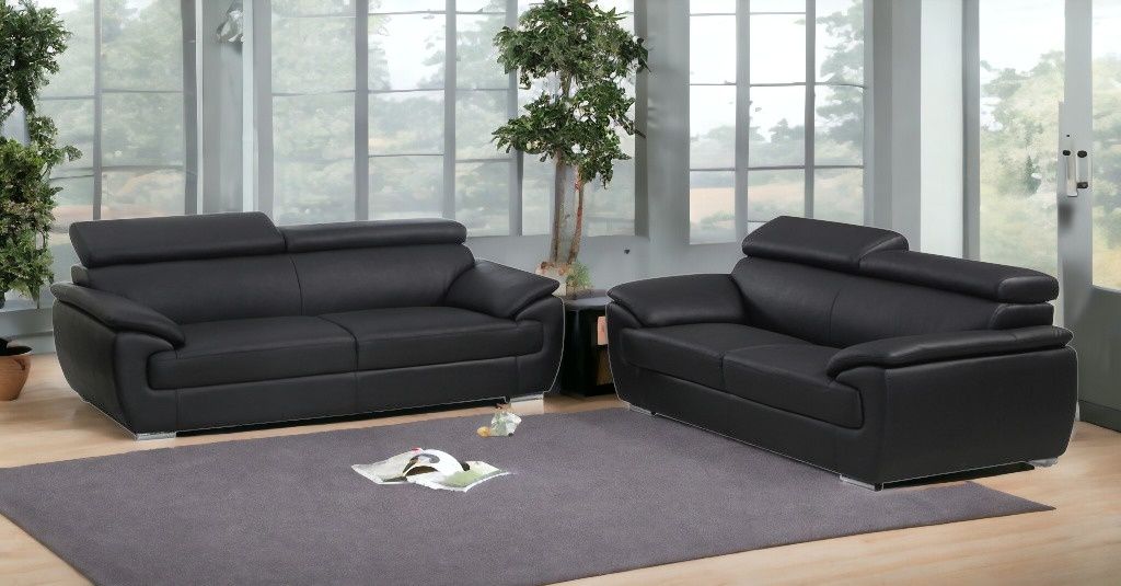 2 Piece Five Person Genuine Leather Indoor Seating Set - Black