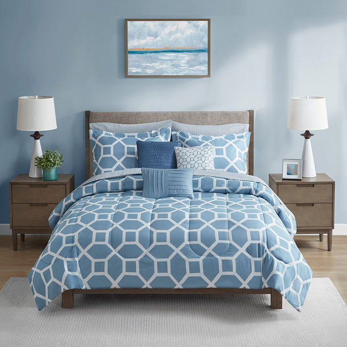 Nora - 10 Piece Geometric Comforter Set With Bed Sheets - Blue