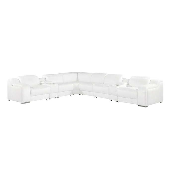 Italian Leather Power Reclining L Shaped Eight Piece Corner Sectional With Console - White