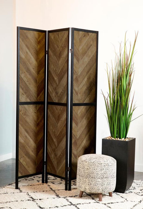 Marlene - Herringbone Pattern 3-Panel Screen - Rustic Tobacco And Black - Simple Home Plus