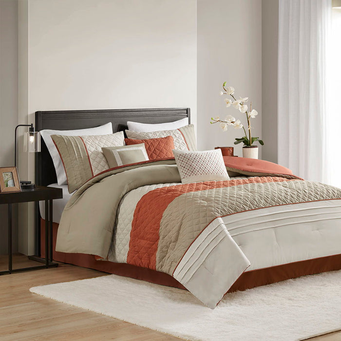 Jenson - 7 Piece Color Block Stripe Comforter Set With Throw Pillows - Spice